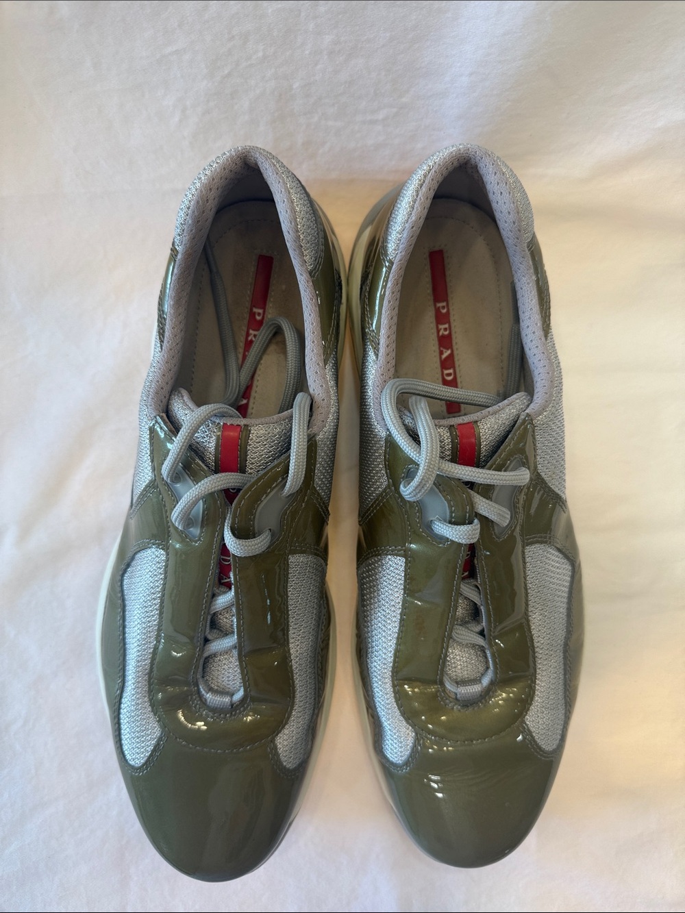 Prada Olive Patent & Light Gray Mesh America’s Cup Trainers with Red Logo - Picture 2 of 6